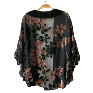 A New Day Dark Floral Burnout Velvet Kimono Cardigan Women OS Green Cottagecore - Imagen 1 de 6
