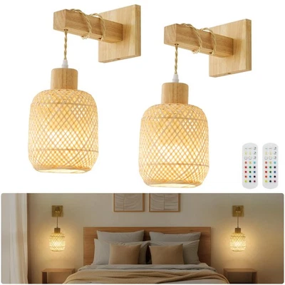 Aplique de Pared Boho a Batería con Control Remoto, Linterna de Bambú Apliques de Pared Se... Foto 1 de 4