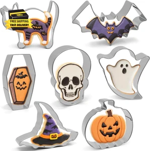 Halloween Cookie Cutters Set 7 Pieces - Large Bat, Ghost, Pumpkin, Witch Hat, Ca - Foto 1 di 6