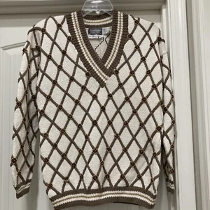 NWT Brown/Ivory Marisa Christina Collection V Neck Sweater SZ L Shoulder Pads - Picture 1 of 12