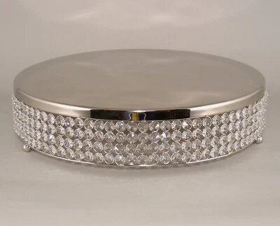 Plato con soporte para pasteles de metal 4 filas de cuentas de cristal transparente plateado 18" de diámetro x 4" de alto  Foto 1 de 4