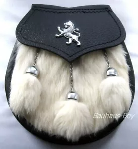 KILT SPORRAN LION RAMPANT CREST CREAM RABBIT BLACK LEATHER SEMI-DRESS MENSWEAR - Picture 1 of 3