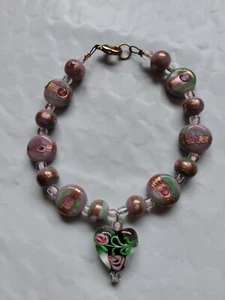 Vintage Purple Acrylic Bead With Heart Charm Bracelet 7" - Picture 1 of 8