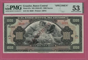 ECUADOR SPECIMEN 1000 SUCRES ( 1944-67 ) PICK # 97s PMG 53 ABOUT UNCIRCULATED - Picture 1 of 2