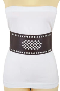 Women Dark Brown Elastic Wide Dress Up Trendy Belt Hip Waist Silver Shield M L - Picture 1 of 23