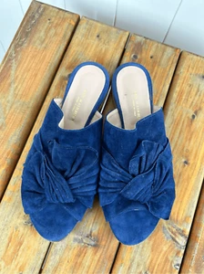 Ann Mashburn Blue Bow Suede Slide Sandals Peep Toe Career Size 39 (8.5-9) - Picture 1 of 6