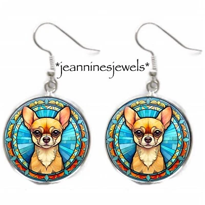 Faux Stained Glass Tan Chihuahua Dog Charm Silver Dangle EARRINGS Dog Owner Gift - Image 1 of 4