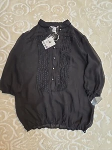 NWT Kenzie Black 100% Silk Semi Sheer Blouse Size 8 Lace Details 3/4 Sleeve... - Picture 1 of 10