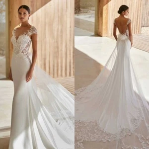 Cap Sleeves Lace Wedding Dresses V Neck Backless Applique Mermaid Sweep Train - Picture 1 of 16