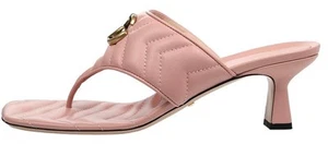 NEW GUCCI DOUBLE G LOGO PINK MATELASSE CHEVRON LEATHER THONG HEELS SANDALS 39 - Picture 1 of 7