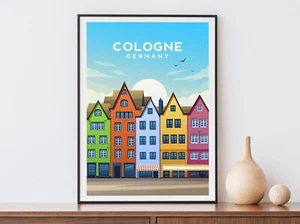 Kölner Kunstdruck, Deutschland Reiseplakat, Bunte Häuser Illustration - Bild 1 von 5
