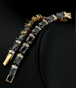 18k Yellow Gold finish onyx Created Diamond tennis bracelet box Brilliant Gift - Picture 1 of 7