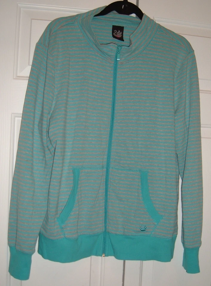 Gloria Vanderbilt Swan 蓝绿色/灰色条纹夹克 - 尺寸 XL-二手出现全新 — 第 1/1 张图片