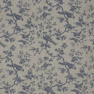 French Isabelle Bird Toile Fabric Blue | 100% Linen | Curtain Upholstery Cushion - Picture 1 of 6