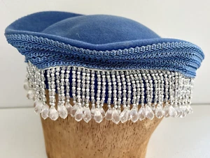 1950s Bollman Pillbox Hat Blue Doeskin Wool Felt With Dangling Beaded Accents - Picture 1 of 12