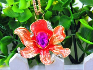 Rote Emaille Kristall schöne Blume Anhänger Pullover Kette Halskette USA Verkäufer - Bild 1 von 3
