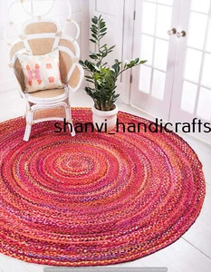 Hand Braided Rug Bohemian Round Multi Color Red Chindi 90 CM rug Home Decor rug - Picture 1 of 9