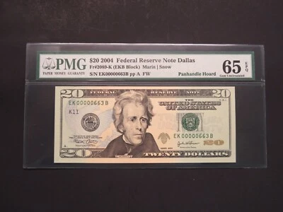 2004 -$20-FEDERAL RESERVE NOTE DALLAS - LOW S/N -  GEM UNC 65 -EPQ - Image 1 of 2