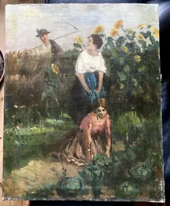::ÖLGEMÄLDE BAUER MIT SENSE GRÜßT MÄDCHEN IM FELD ANTIK UM 1880 ALT RESTAURIERT - Bild 1 von 9