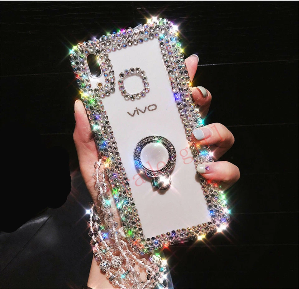 Luxury Bling Glitter Ring Stand Diamond Lanyard Case Crystal Clear Back Cover - Image 1 of 4