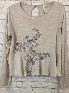 Top LC Lauren Conrad para mujer mediano peplum azul tostado floral manga larga elástico - Imagen 1 de 10