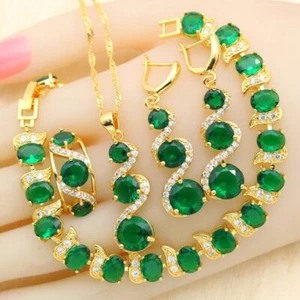 Conjuntos de joyas de piedras verdes color oro pulsera pendientes collar anillos colgantes  - Imagen 1 de 15