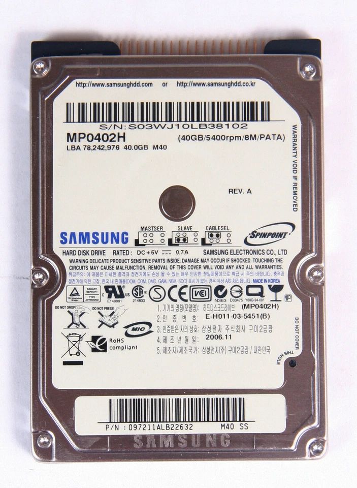 Samsung MP0402H 40GB 5400RPM 2.5" IDE ATA/100 Laptop Hard Drive - Image 1 of 1