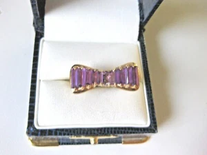 ANTIQUE 14K YELLOW GOLD FILIGREE RING “BOW” with NATURAL AMETHYSTS,ART DECO - Picture 1 of 5