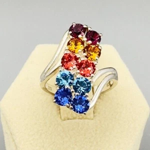 Sterling Silver Multicolor Crystal Statement Ring Size 6.25 Rainbow Jewelry - Picture 1 of 5