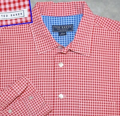 TED BAKER MENS SHIRT L 4 RED ROSE CHECK POLY FABRIC MOTHER OF PEARL BUTTONS  - Image 1 of 4