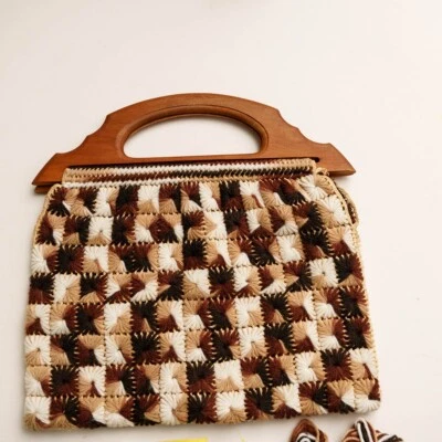 Vintage handmade crochet purse extra yarn wood handle handbag pocketbook clutch - Image 1 of 4