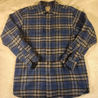 LL Bean Mens M Traditional Fit Flannel Thick Cabin Cotton Shirt Blue Plaid Heavy - Image 1 of 4