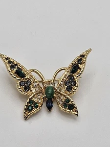 Vintage Marcel Boucher ? Jade Glass Cabochon Blue Crystal Butterfly Brooch - Picture 1 of 10