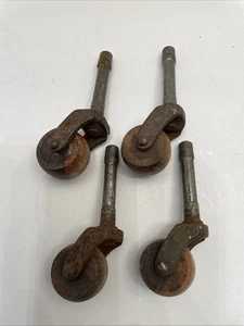 Set of 4 Antique Vtg Wood Caster Wheels Furniture Dresser Chair Wheel - Picture 1 of 7