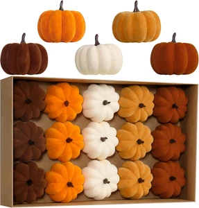 Zucche Floccate Artificiali, 15PCS Caffè Oro Beige Arancione Marrone Velluto Schiuma Fa - Foto 1 di 6