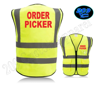 RECOGEDOR DE PEDIDOS Chaleco de Seguridad de Alta Visibilidad Reflectante 2" Tiras Cremallera Bolsillos Frontales Foto 1 de 4