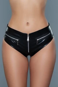 sexy BE WICKED faux LEATHER wet LOOK cheeky LOW rise ZIPPER zip UP boot SHORTS - Picture 1 of 3
