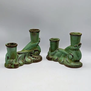 2 Vintage Frankoma Double Candle Holders Pottery Glazed Prairie Green #304 - Picture 1 of 8