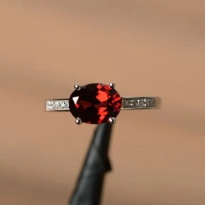 Natural Red Garnet Oval Cut 925 Sterling Silver Ring July Birthstone Size 7 US - Picture 1 of 4