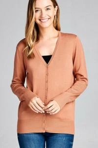 Tan Beige V Neck Button Down Long Sleeve Soft Stretch Light Sweater Cardigan - Picture 1 of 4
