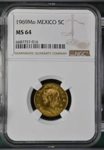 Mexico 5 Centavos 1969Mo Brass NGC MS 64 - Picture 1 of 2