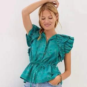 Maeve Anthro Size XS Green Boho Embroidered pink Blouse Top Ruffled Buttondown - Picture 1 of 10