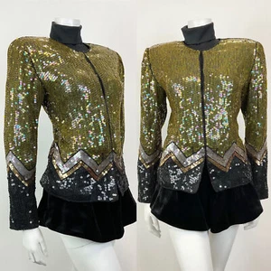 VINTAGE 70s 80s GOLD BLACK SILVER SEQUIN ZIG-ZAG DISCO PARTY TROPHY JACKET 8 10 - Picture 1 of 8