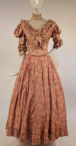 VICTORIAN RUFFLED PRINT SILK 2 PC DRESS W PARIS LABEL JULIE BONNY - Picture 1 of 11