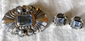 ART NOUVEAU SET BROOCH AND EARRINGS. SILVER, GOLD AND AQUAMARINE IMITATION - Picture 1 of 3