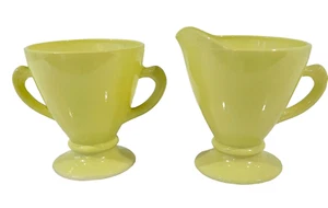 Hazel Atlas Platonite Milk Glass Sugar Bowl & Creamer 1940s Yellow Green Vintage - Picture 1 of 8