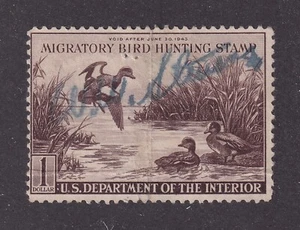 MATT'S STAMPS US SCOTT #RW9 $1 DOLLAR 1942 FEDERAL DUCK STAMP, USED, CV$45 - Picture 1 of 3
