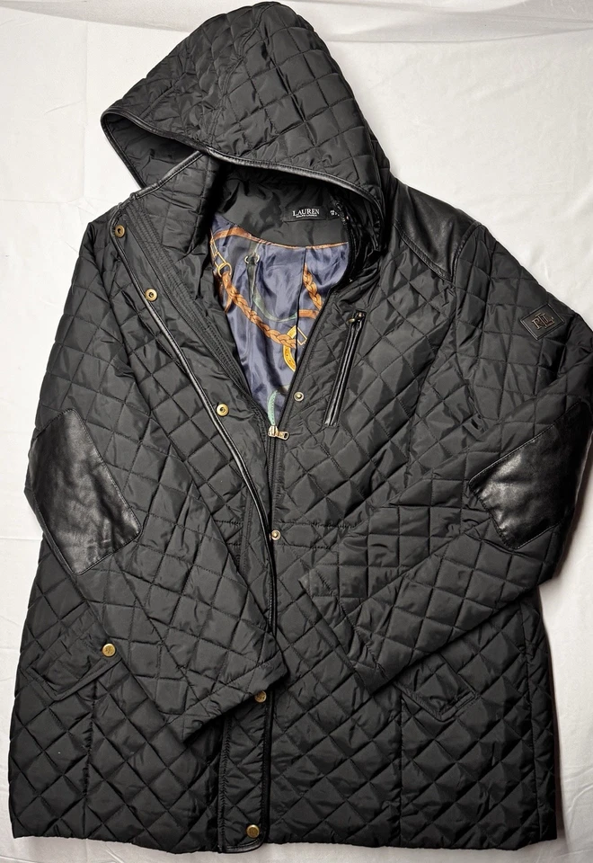 Abrigo acolchado negro Lauren Ralph Lauren - forro interior de eslabones de cadena dorado PXL Foto 1 de 4