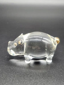 Miniature Hand Blown Clear Art Glass Hippopotamus with Gold Trim House Hippo - Picture 1 of 10
