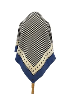 H70# Christian Dior Houndstooth Silk Scarf Navy Blue Ivory Polka Dot Border VTG - Picture 1 of 13